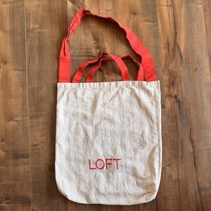 LOFT Cotton Tote Tan & White Stripe Orange Strap & Handles Made India 16”x14.5”